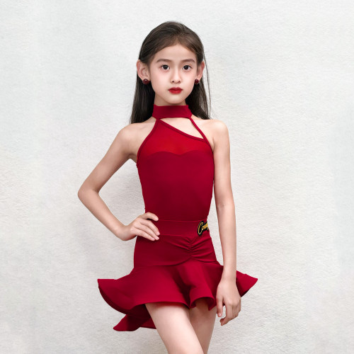 康尼新款红色拉丁舞服女儿童挂脖吊带上衣跳舞蹈练功服鱼骨裙套装