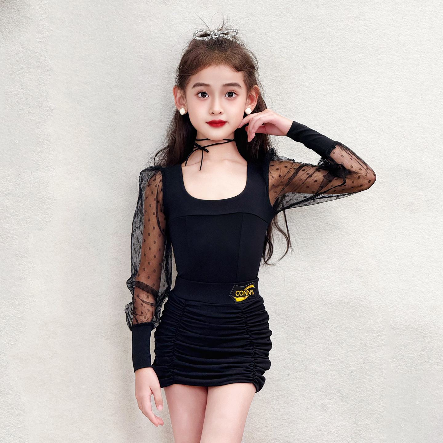CONNY康尼拉丁舞服女儿童网红练功服跳舞蹈短裙网纱长袖上衣套装