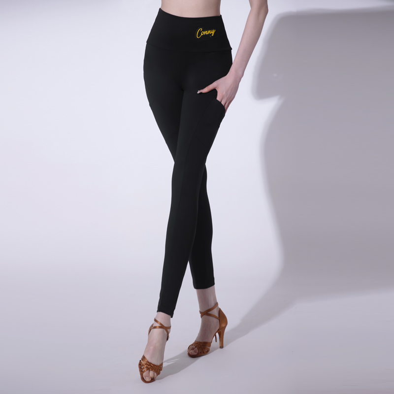CONNY拉丁舞服装紧身裤舞蹈练功打底长裤子女士跳舞弹力高腰黑色