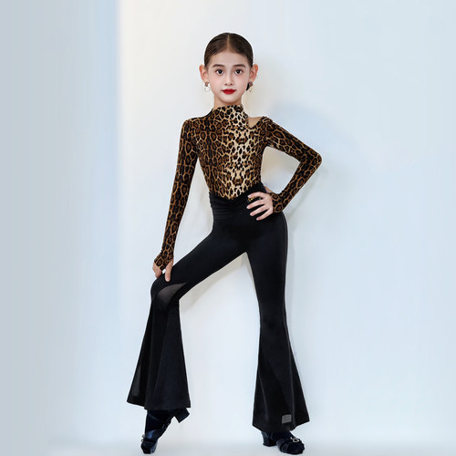 CONNY康尼拉丁舞服套装女儿童日常舞蹈练功长裤网纱豹纹长袖上衣