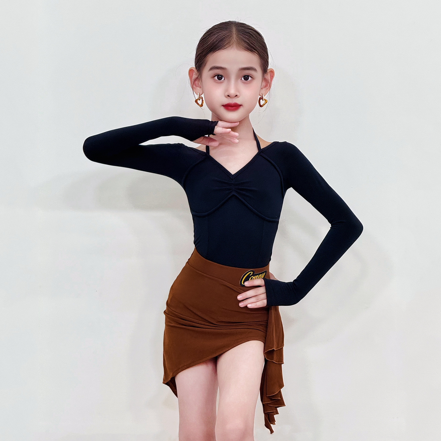 CONNY专业拉丁舞套装女半身裙短袖上衣儿童日常训练舞蹈练功服黑