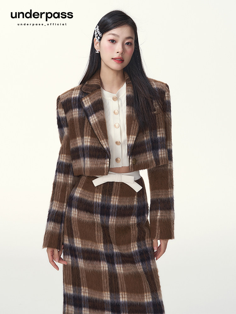 지하도 오리지널 디자인 빈티지 격자 무늬 울 정장 짧은 재킷 탑 투피스 퀼팅 정장 롱 스커트