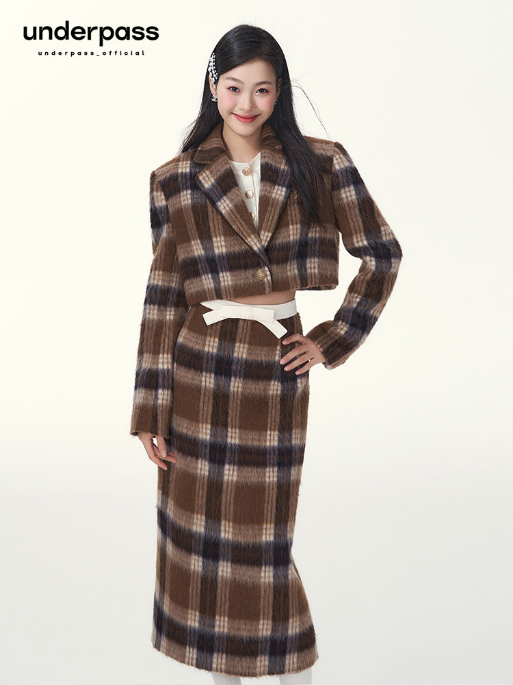 지하도 오리지널 디자인 빈티지 격자 무늬 울 정장 짧은 재킷 탑 투피스 퀼팅 정장 롱 스커트