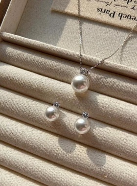 King studios经典戴妃款人造澳白单珠项链耳钉套组 细链单钻镶嵌