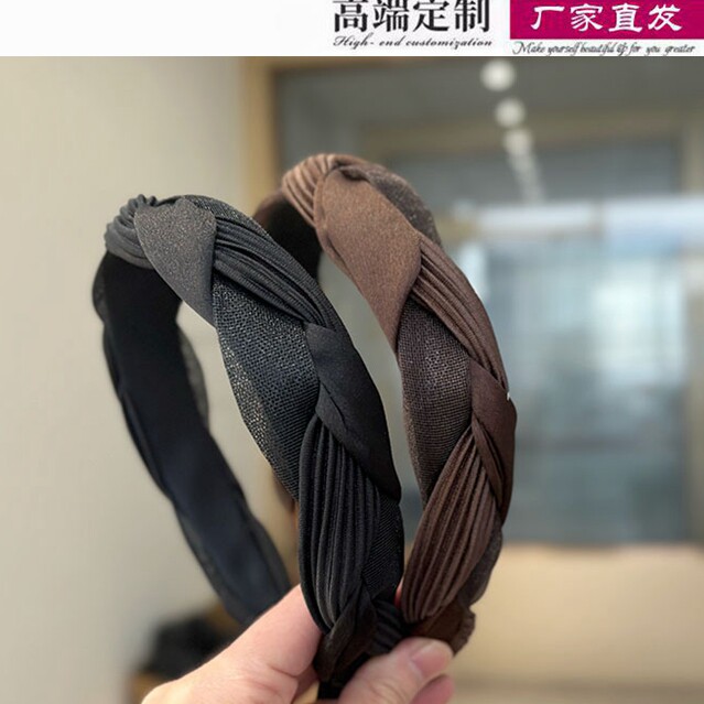 韩国精致泡泡纱褶皱拼色编织麻花辫子宽边发箍时尚复古高级感发卡