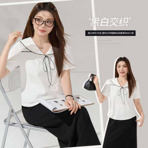 简约撞色海军领蝴蝶结系带T恤女胖mm大码女装修身显瘦短袖66137
