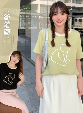 简笔画个性设计撞色t恤夏季大码女装可爱趣味T针织正肩上衣62386
