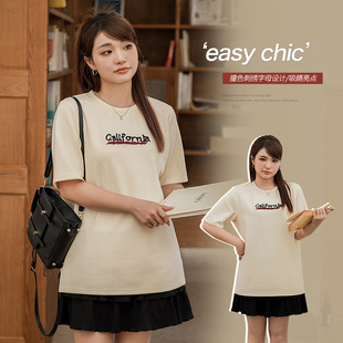 韩版正肩撞色刺绣字母短袖胖mm大码纯棉百搭宽松显瘦T恤65221