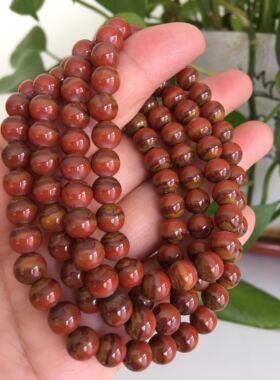 天然战国红玛瑙手串女同料打磨红黄拉丝7.6mm圆珠多层三圈手链