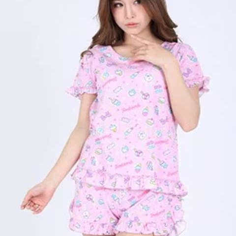 出口日本新型针织速干透气面料可爱糖果印花短袖短裤睡衣套装