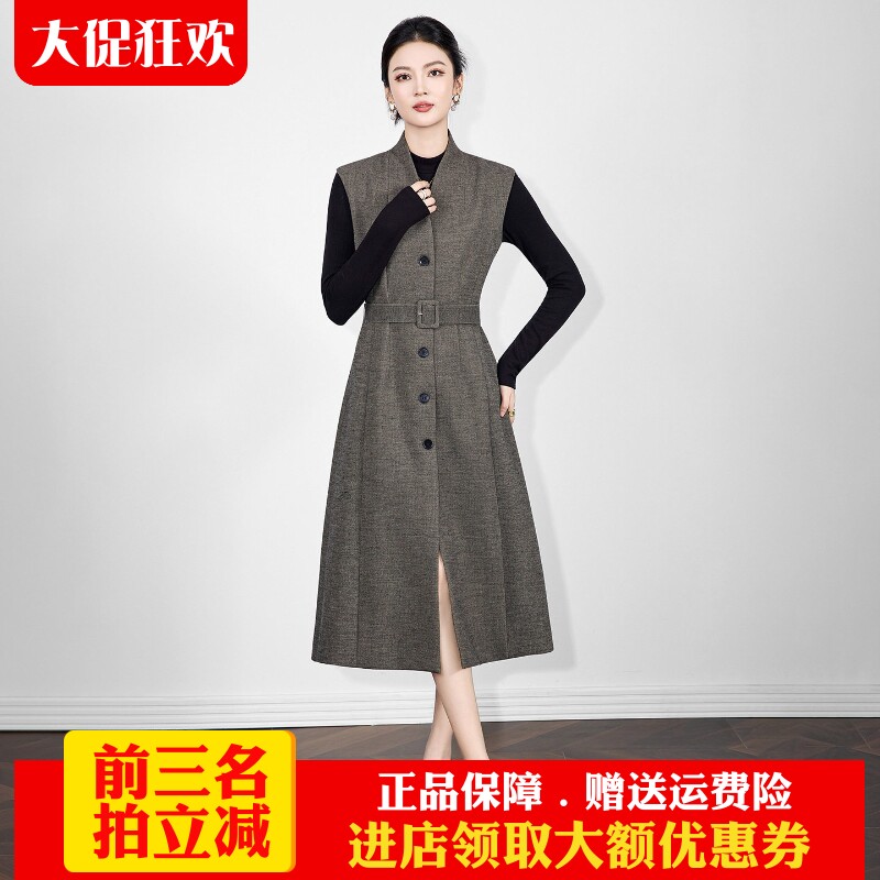 欧洲站2025秋冬新款高货法式气质感V领收腰斜纹毛呢连衣裙背心裙