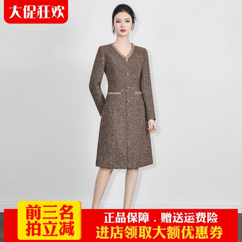 南油高货羊毛呢名媛镶钻连衣裙