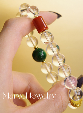 Marvel原创「知否」天然白水晶手串单圈高透南红翡翠转珠运手链女