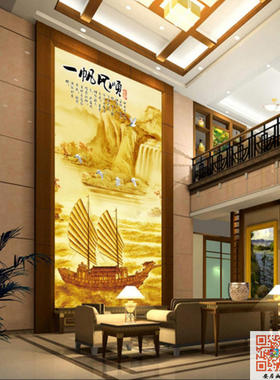 一帆风顺国画山水风光背景墙办公室无纺布墙纸B058纸壁画