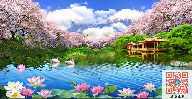 风景画客厅书房无纺布墙纸