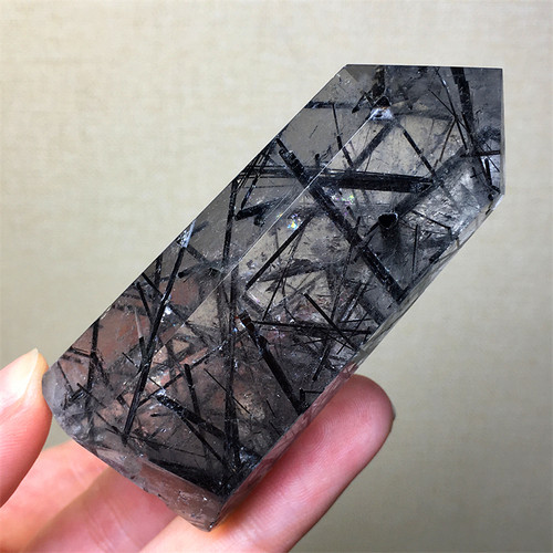 天然水晶黑发晶柱子黑碧玺摆件
