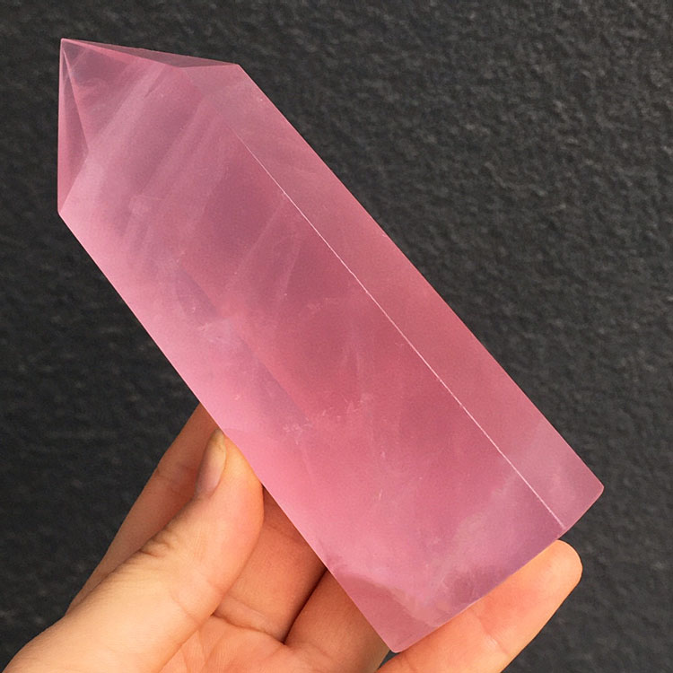 粉水晶柱子彩虹六角状单尖原石柱
