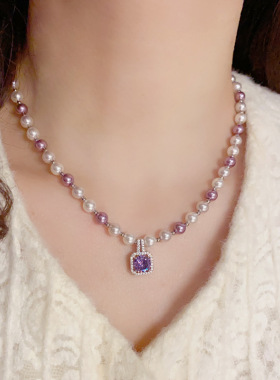 法式复古方形紫色锆石珍珠项链优雅轻奢气质小众百搭感锁骨链
