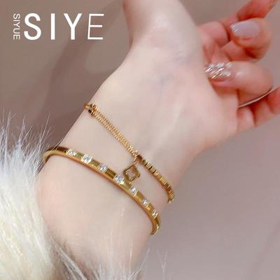 SIYUE/定制不掉色钛钢镶钻手镯女时尚精致高级百搭幸运草叠戴手链