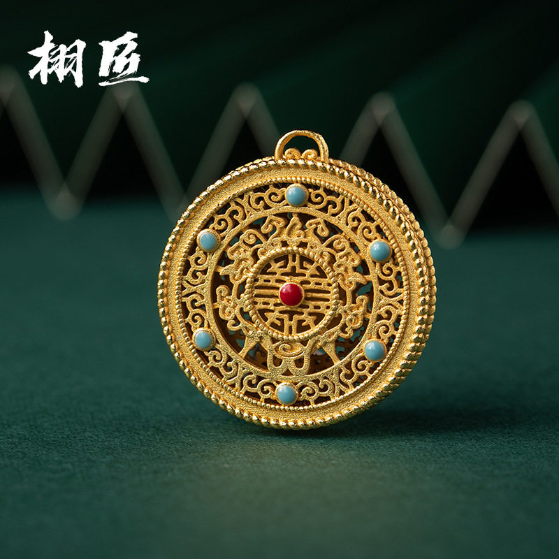 越南沙金黄铜五福圆满挂件掐丝镂空车挂圆牌diy手工编绳材料配件