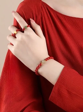 天然原矿朱砂珠戒指高含量小众送礼