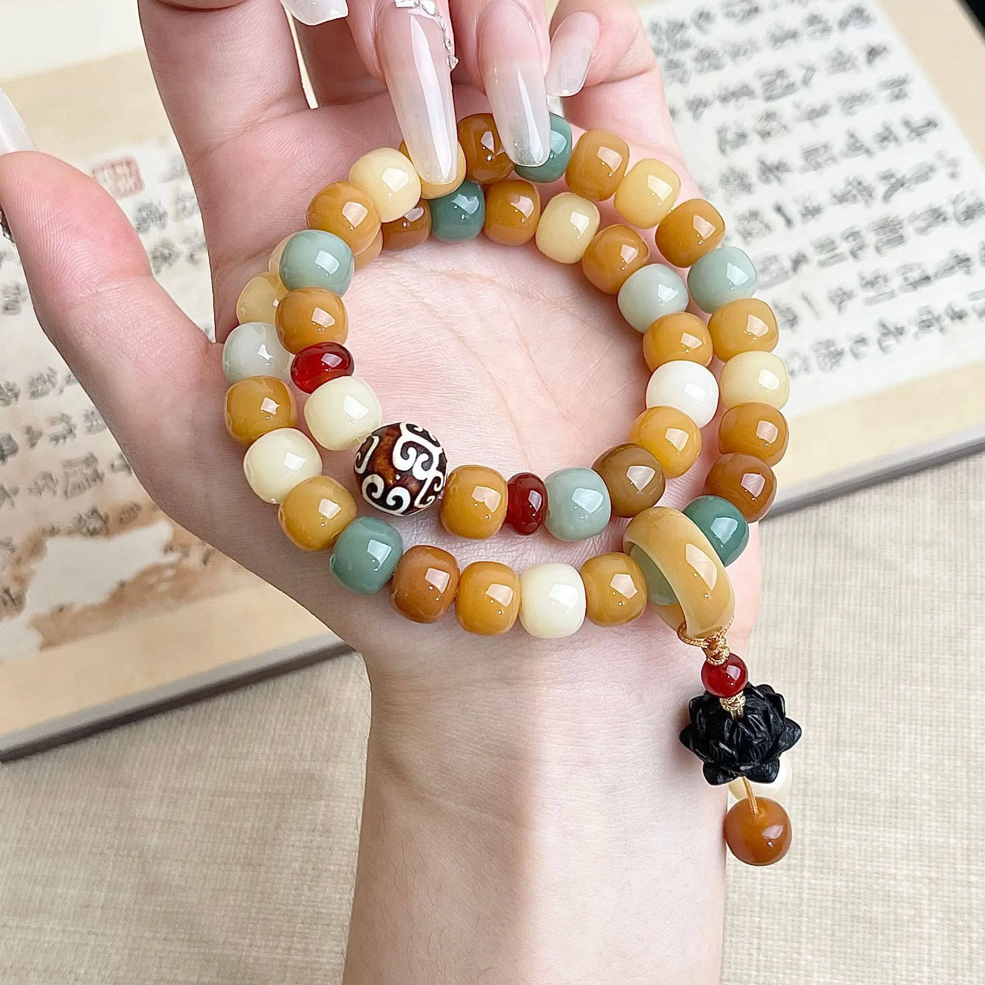 多宝菩提根手串双圈男女手持莲花吊坠菩提子佛珠念珠文玩手链