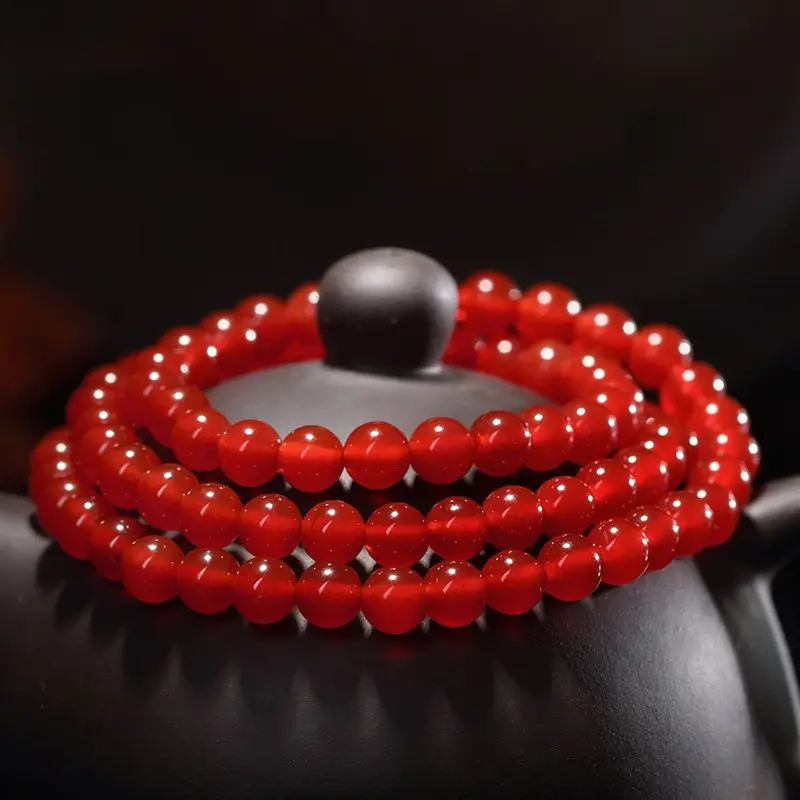 一生一石天然正品红玛瑙手链女白黄蓝黑绿粉玉髓水晶三圈手链