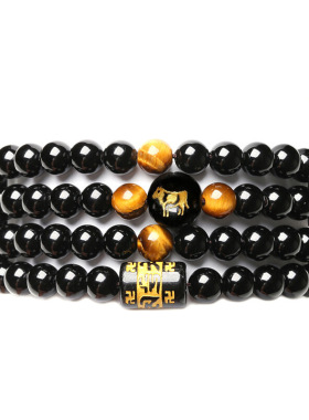 天然黑曜石烫金十二生肖手链男女士款四圈手串六字真言水晶6-8mm