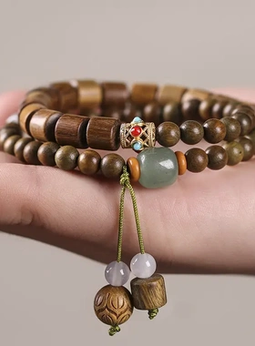 绿檀文艺古风双圈手链DIY编织苍翠欲滴手串念珠配搭桶珠男女文玩