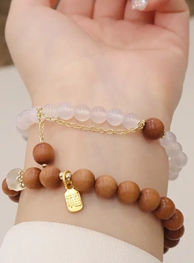 老山檀木手链女简约ins风天然白玛瑙两件套手串福牌国风手饰