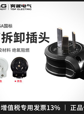 突破TOP插头pdu自接线拆卸插头电工DIY国标三脚插头10A16A白/黑色