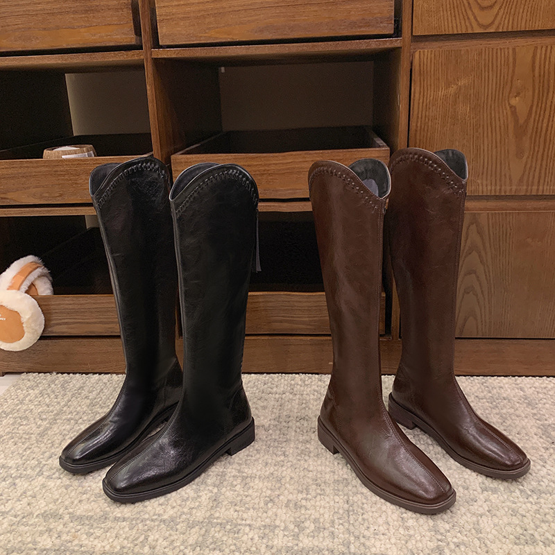 小众设计加绒骑士靴2025秋冬新款V口尖头高筒长靴小个子增高长筒