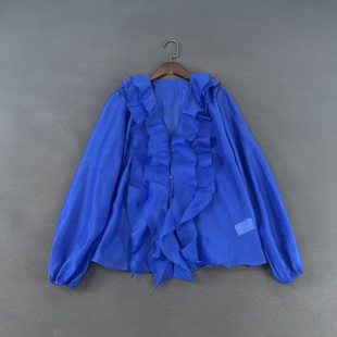 衬衫 纱织雪纺深V领长袖 防晒衬衣上衣 荷叶边拼接蓝色薄款 外贸女装