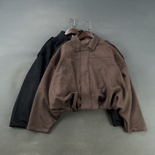 飞行员夹克拉链外套 机车风短款 外贸女装 复古麂皮绒廓形宽松蝙蝠袖