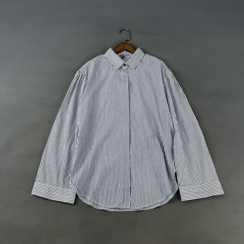 全棉竖条纹宽松翻领长袖衬衫上衣