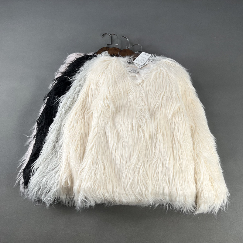 仿滩羊毛皮草上衣V领毛绒外套女