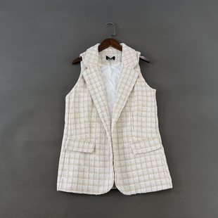 马甲马夹外套女 西装 美国单春季 复古小香风粗花呢编织格纹无扣开衫