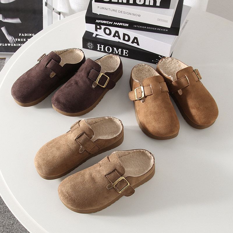 秋冬复古反绒面加绒勃肯鞋懒人一脚蹬平底包头拖鞋半包棉拖鞋女潮,女鞋,棉鞋,淘宝优惠券,粉丝福利购,淘宝优惠卷