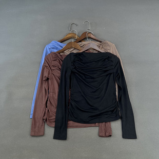 美国单秋季 T恤打底衫 纯色褶皱收腰修身 荡领船领长袖 上衣女 短款 原