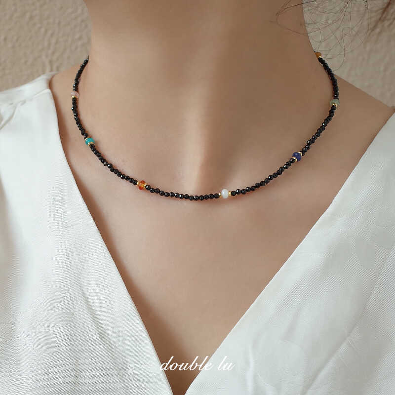 小众蓝松石ins风串珠项链黑水晶