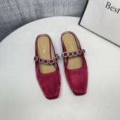 法式 缎面褶皱水钻玛丽珍包头半拖女2025秋外穿配裙子低跟穆勒鞋