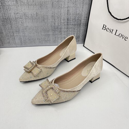 法式气质尖头舒适单鞋浅口粗跟鞋女亮片软底蝴蝶结约会女鞋大码41