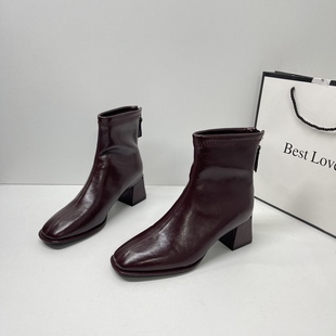 瘦瘦靴粗跟百搭薄款 高跟鞋 靴子马丁靴 小短靴女2025年秋冬新款 法式