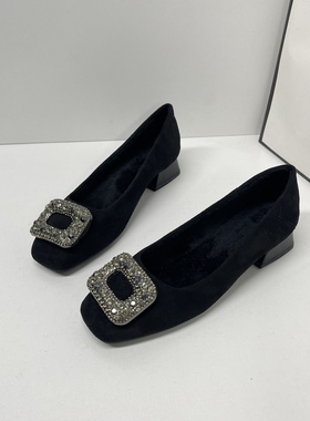 方头高跟鞋女黑色职业加绒3cm软底浅口绒面粗跟工作鞋女大码41