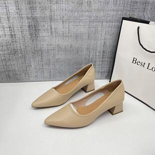 上班面试职业粗跟尖头浅口单鞋 软皮低跟5cm工作鞋 女2026年新款
