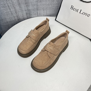 一脚蹬魔术贴单鞋 平跟勃肯鞋 英伦风圆头百搭小皮鞋 新款 女2025秋季