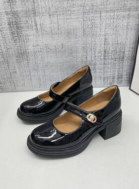 法式白色高跟玛丽珍鞋增高6cm玛丽珍魔术贴浅口粗跟小个子小皮鞋