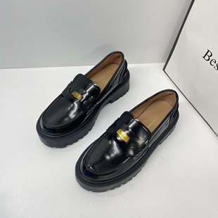 粗跟单鞋 增高5cm厚底小金币乐福鞋 女2026英伦风小个子黑色小皮鞋