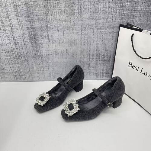 法式粗跟水钻加绒玛丽珍女单鞋