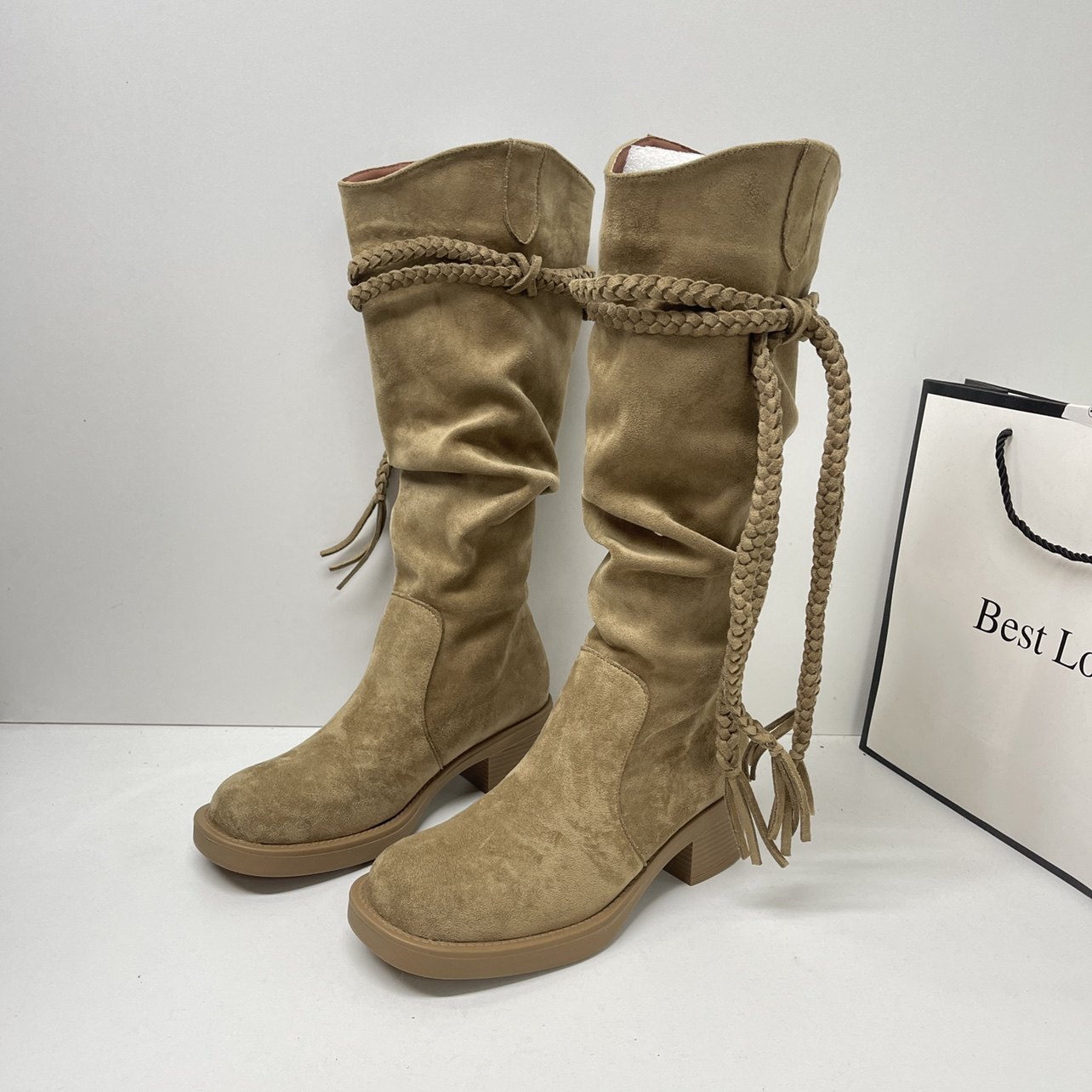 复古废土风流苏骑士靴粗跟不过膝长筒靴堆堆中筒靴女西部牛仔靴,女鞋,西部靴,淘宝优惠券,粉丝福利购,淘宝优惠卷